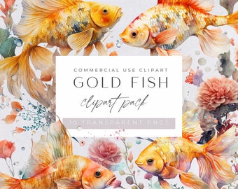 GoldFish Clipart, Watercolor Fish, Clipart for commercial use, Transparent PNGs, Aquarium, Underwater, Sealife Graphics, Card Making
