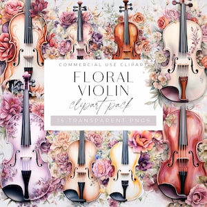 Clipart floreale di violino, Clip art di strumenti musicali, png di chitarra ad acquerello, grafica musicale, illustrazioni di violino, diario di spazzatura, artigianato di carta