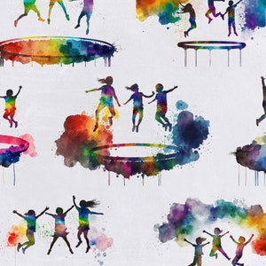 Clipart acquerello trampolino, invito rimbalzante, invito di compleanno salta uso commerciale, PNG trasparenti, clip art arcobaleno luminoso e colorato immagine 4
