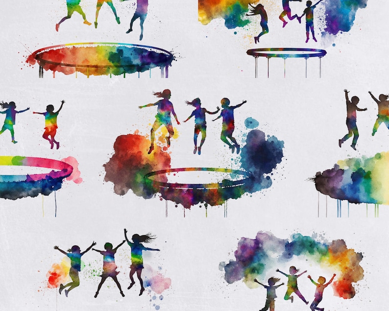 Clipart acquerello trampolino, invito rimbalzante, invito di compleanno salta uso commerciale, PNG trasparenti, clip art arcobaleno luminoso e colorato immagine 4