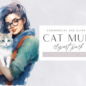 Katzenmama Clipart, Aquarell Katzen, Katzenliebhaber, Clip Art für kommerzielle Nutzung, transparente PNGs, Frauen, Katzenmama hält eine Katze, Katzenbesitzer