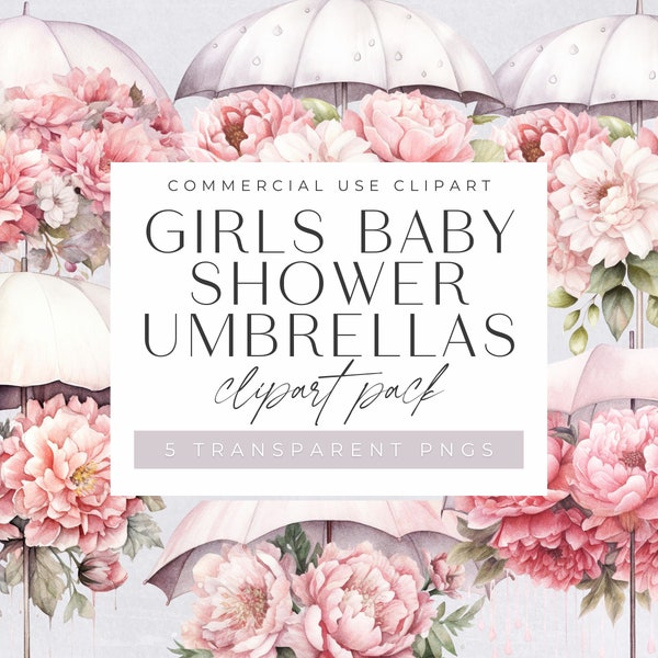 Girls Pink Baby Shower Umbrella Clipart Pack, Blush Pink Floral Aquarelle Umbrella Clipart pour un usage commercial, PNG transparents,