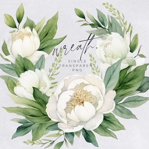 Magnolia Wreath Clipart, SINGLE IMAGE, Floral Watercolor Half Wreaths, White Flowers, Wedding Invitation, transparent png, Commercial Use