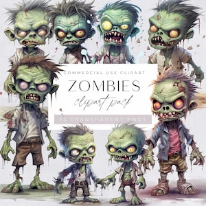 Zombie clipart, halloween monsters clipart, aquarel, uitnodiging voor Halloween-feest, enge horror personages, clip art bundel transparante png