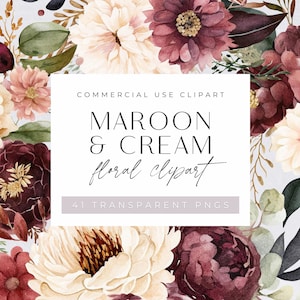 Kastanienbraun & Creme Blumen Aquarell Clipart Pack, Elegante Burgunder Blumen, Clipart für kommerzielle Nutzung, Blumenstrauß, Transparente PNGs