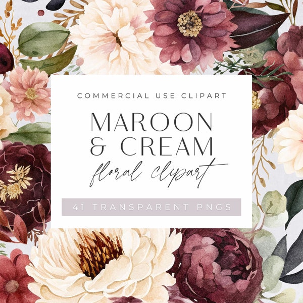 Maroon & Cream Floral Watercolor Clipart Pack, Elegant Burgundy Flowers, Clipart for commercial use, Floral Bouquet, Transparent PNGs