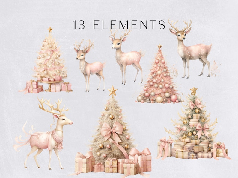 Watercolor Pink Christmas Clipart Bundle, Holiday Season Clip Art, Cute ...