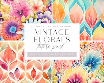 Fondos de flores con imágenes prediseñadas de flores vintage de los años 70, imágenes prediseñadas de flores coloridas de los años setenta, JPEG, flores de hipopótamo, colores brillantes de acuarela,