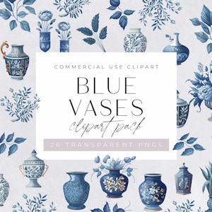 Blue & White Vases Clipart Pack, Clipart for commercial use, Gouache, Porcelain, Navy Baroque Chinoiserie Icon Set, Botanical