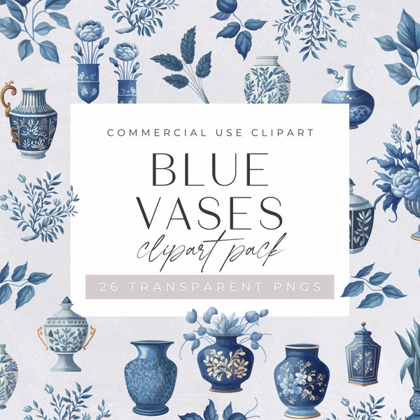 Blue & White Vases Clipart Pack, Clipart for commercial use, Gouache, Porcelain, Navy Baroque Chinoiserie Icon Set, Botanical