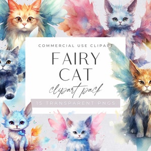 Pack de cliparts aquarelle chat fée, clipart chat volant pour un usage commercial, chat fantastique avec des ailes, conte de fées, PNG transparents,