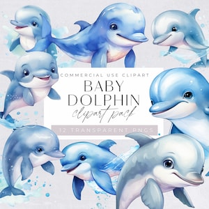 Cute Dolphin Clipart, Baby Sea Animal Clip Art, Watercolor Ocean Graphics, Under the Sea, Blue Whale png, Nursery Illustrations, Card Making