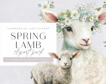 Watercolor Spring Lamb Clipart Pack, Clipart for commercial use, Transparent PNGs, Floral Lamb, Little Sheep with Flower Crown