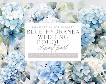Blue Hydrangea Wedding Bouquet Clipart Pack, Clip art for commercial use, Transparent PNGs, Dusty Blue Wedding Botanical Florals