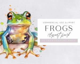 Frogs Clipart , Green Watercolor Frog Clip Art for commercial use, Lily Pad, Transparent PNGs, Toads, Kids Clipart