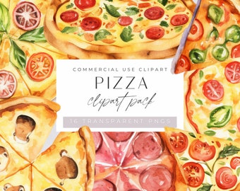 Pizza Clip Art Clipart Pack, Watercolor Pizza Topping Clip art, for commercial use, Party, Pizzeria, Slice, Italian Food, Transparent PNGs,