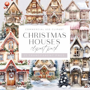 Christmas Village House, Festive Watercolor Houses, Cozy Winter Scene, Holiday Cottagecore, Landscape, Commercial Use, Transparent Png