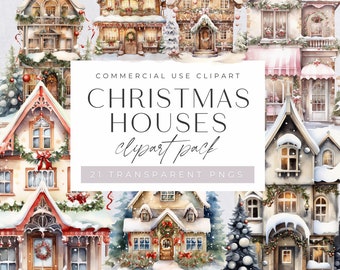 Christmas Village House, Festive Watercolor Houses, Cozy Winter Scene, Holiday Cottagecore, Landscape, Commercial Use, Transparent Png