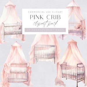 Clipart babymeisjes wieg, roze, babyshower, Moses Basket afbeelding, standaard en rocker, babybedje clipart, decor kinderkamer, commercieel gebruik,