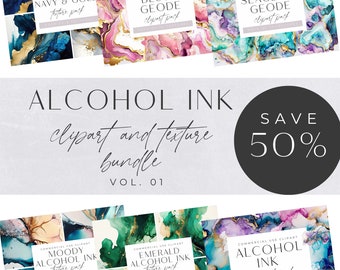 Alcohol Ink Clipart Bundle, Png, Liquid Ink Clipart, Emerald, Blush Pink, Moody, Navy & Gold Watercolor Background Textures, Color  Abstract