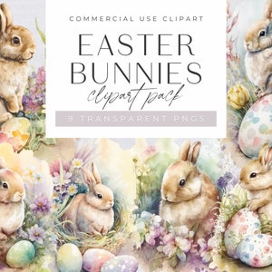 Watercolor Easter Bunny Clipart Pack, Clipart for commercial use, Transparent PNGs, Bunnies With Flowers Clipart, Eggs