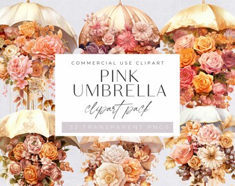 Clipart akwarelowy parasol, różowy modny parasol, baby shower, kwiatowy akwarelowy parasol Clipart do użytku komercyjnego, PNG