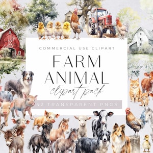 Clipart di fattoria ad acquerello, pacchetto di simpatici animali, per uso commerciale, PNG trasparenti, clipart di fienile e vivaio, cane, asino, pulcini, mucca, maiale