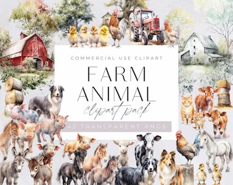 Watercolor Farm Clipart, Cute Animals Pack, for commercial use, Transparent PNGs, Barn and Nursery Clipart, Dog, Donkey, Chicks, Cow, Pig