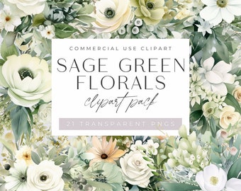 Salviagrönt och vitt blommigt clipartpaket, blommiga blad bröllopsbuketter, transparenta PNG-filer, kommersiellt bruk, ros akvarell clipart