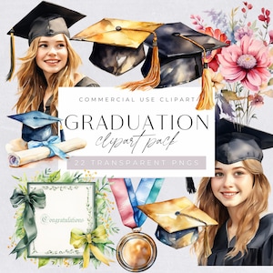 Graduierung Clipart Aquarell, Diplom Illustration, Mütze und Kleid Grafik, Universität Studenten Clip Art, Gold Hut, Zertifikat, Mädchen