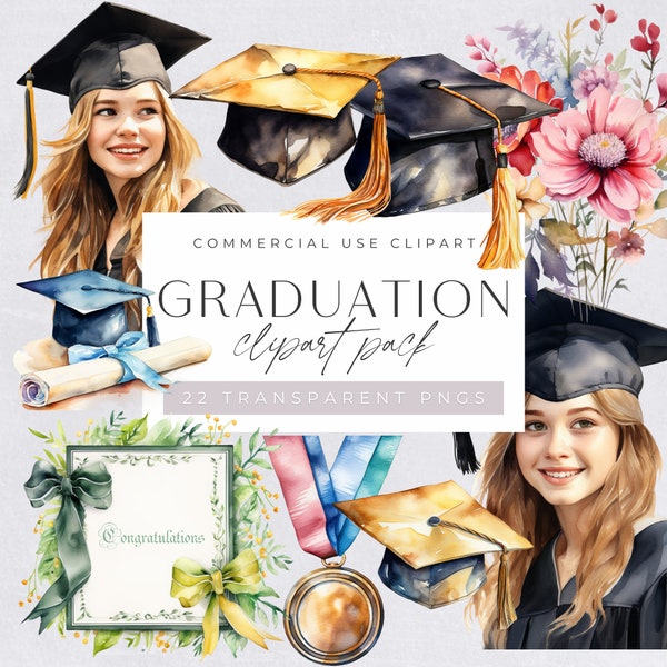 Graduation Clipart Watercolor, Diploma Illustration, Cap and Gown Graphics, University Students Clip Art, Gold Hat, Certificate, Girls