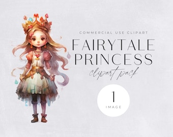 Clipart princesse de conte de fées | IMAGE UNIQUE | Licence commerciale, aquarelle magique fantastique, clipart de conte de fées, décoration de chambre d'enfant