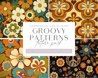 May include: A set of 15 digital groovy patterns featuring retro floral designs in various colors, including orange, yellow, blue, green, and brown. The patterns are perfect for creating unique backgrounds, textures, and designs for crafts, scrapbooking, and digital projects.  COMMERCIAL USE CLIPART GROOVY PATTERNS texture pack 15 TRANSPARENT PNGS