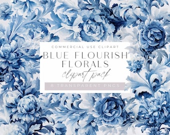 Blue Flourish Florals, Watercolor Clipart Pack, Clip art for commercial use, Transparent PNGs, Flourish Swirls, Border, Wedding Invitations