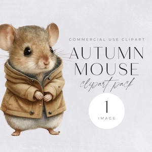 Ratón de otoño Clipart Acuarela / IMAGEN ÚNICA / Licencia comercial, Png transparente, Ratones de acuarela lindos, Manualidades de papel, Imágenes de animales