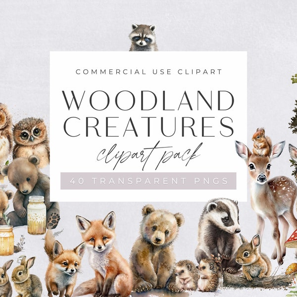 Woodland Animals Clipart Aquarelle, Clipart à usage commercial, PNG transparents, Clipart de pépinière, Renard, Ours, Cerf, Hérisson