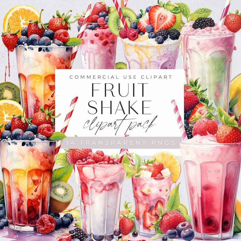 a painting of fruit shake glasses with strawberries and kiwis