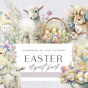 Aquarell Ostern Clipart Paket, Clipart für kommerzielle Nutzung, transparente PNGs, Kinderzimmer, Hase, Lamm, Frühling, Küken, Eier, Korb, Kaninchen