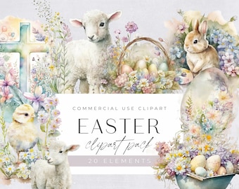 Watercolor Easter Clipart Pack, Clipart for commercial use, Transparent PNGs, Nursery, Bunny, Lamb, Spring, Chick, Eggs, Basket, Rabbit