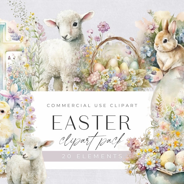 Watercolor Easter Clipart Pack, Clipart for commercial use, Transparent PNGs, Nursery, Bunny, Lamb, Spring, Chick, Eggs, Basket, Rabbit