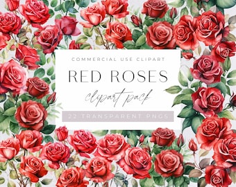 Red Rose Watercolor Clipart, Floral Bouquet Clip Art,  Valentines Day Invitation, Wedding Invite, Card Making Graphics, Commercial Use