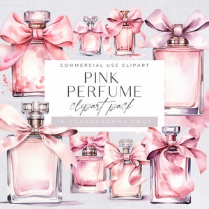 Bouteille de parfum rose avec clipart ruban, aquarelle bouteilles de parfum png, illustrations beauté et mode, cadeaux pour elle, graphiques, art mural