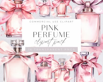 Pink Perfume Bottle with Ribbon Clipart, Watercolor Fragrance Bottles Png, Beauty & Fashion illustrations, Gifts for her Graphics, Wall Art