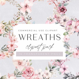 Clipart Watercolor Wreath Bundle, ghirlande floreali rosa, ghirlande di fiori selvatici, uso commerciale, botanico, invito di nozze, png trasparente