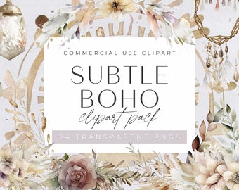 May include: A digital clipart pack featuring 24 watercolor illustrations of boho elements in muted tones of beige, brown, and white. The illustrations include flowers, leaves, feathers, and geometric shapes. The text "SUBTLE BOHO clipart pack 24 TRANSPARENT PNGS" is displayed on a light purple background.
