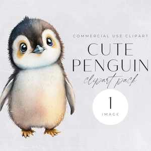Lindo pingüino Clipart / IMAGEN ÚNICA / Descarga digital, Manualidades de papel, Pingüino bebé, Animales de invierno, Acuarela navideña, Elaboración de tarjetas