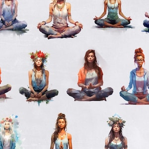 Meditation Clipart , Yoga Pose and Mindfulness, Watercolor Women Meditating, for commercial use, Transparent PNGs, Bohemian Meditator, image 4