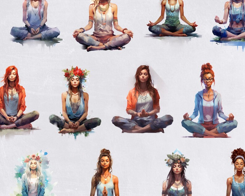 Meditation Clipart , Yoga Pose and Mindfulness, Watercolor Women Meditating, for commercial use, Transparent PNGs, Bohemian Meditator, image 4