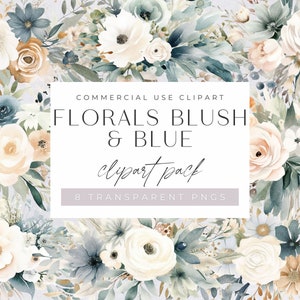Florals Blush and Blue Clipart, Dusty Pink & Blue Watercolor Flowers, Commercial Use, Transparent PNGs, Wedding Invitation Bouquets Clip art