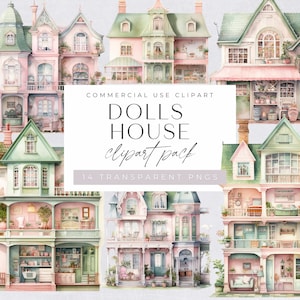 Clipart Tiny Houses, Pink and Green Dolls House Graphics, Watercolor Cottage png, Home Clip Art, Junk Journal, Paper Craft, Commercial Use